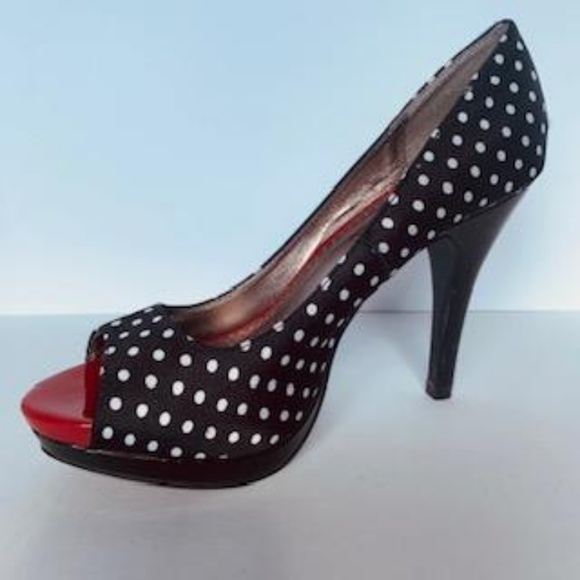 Rampage Black/White Polka Dot Platform Peep Toe - Picture 2 of 8